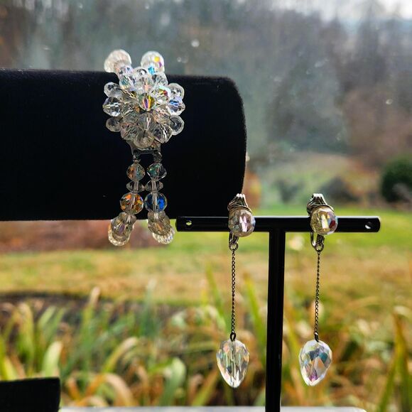 Bracelet & Dangle Earrings Set AB Crystal Bead Double Strand Wedding VTG Jewelry - Picture 3 of 13